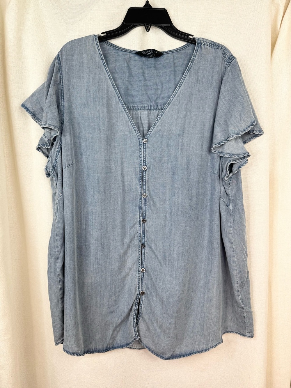 Velvet Heart Tencel Top Womens 2X Blue Chambray Button Front Ruffle Short Sleeve
